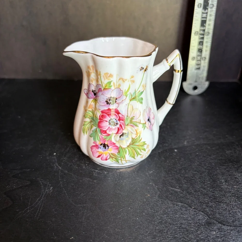 Victoria C&E Bone China Creamer Pitcher England Floral Gold Trim Fluted Vintage